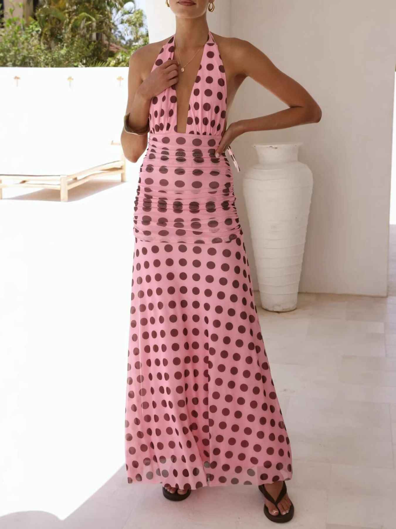 Polka Dot Halter Ruched Maxi Dress