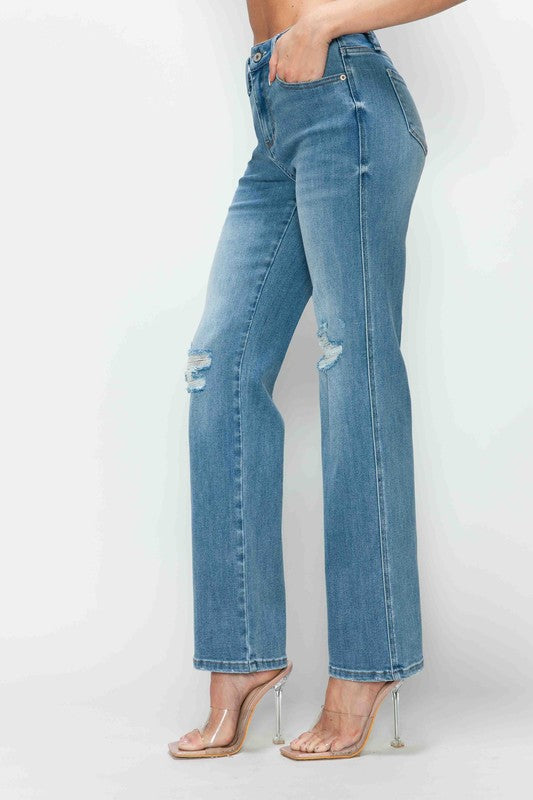 Full Size Medium Blue Distressed High Rise Straight Jeans