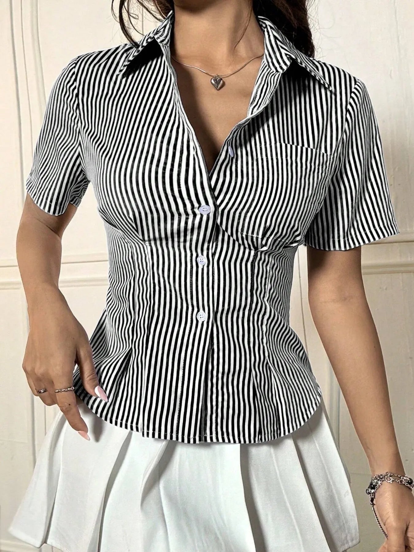 Trendsi Short Sleeve Button-Up Shirt black and white vertical stripes fitted waist collared short sleeves