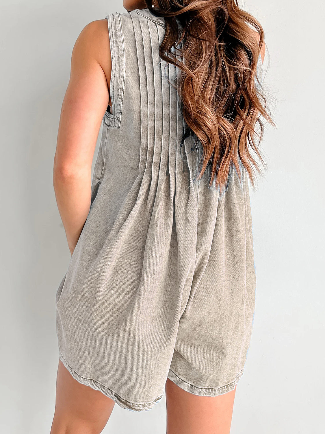 V-neck Pleated Tied Romper with Pockets