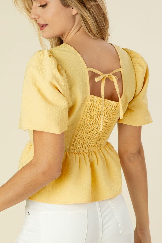 Back-tie Bubble Sleeve Blouse with Peplum