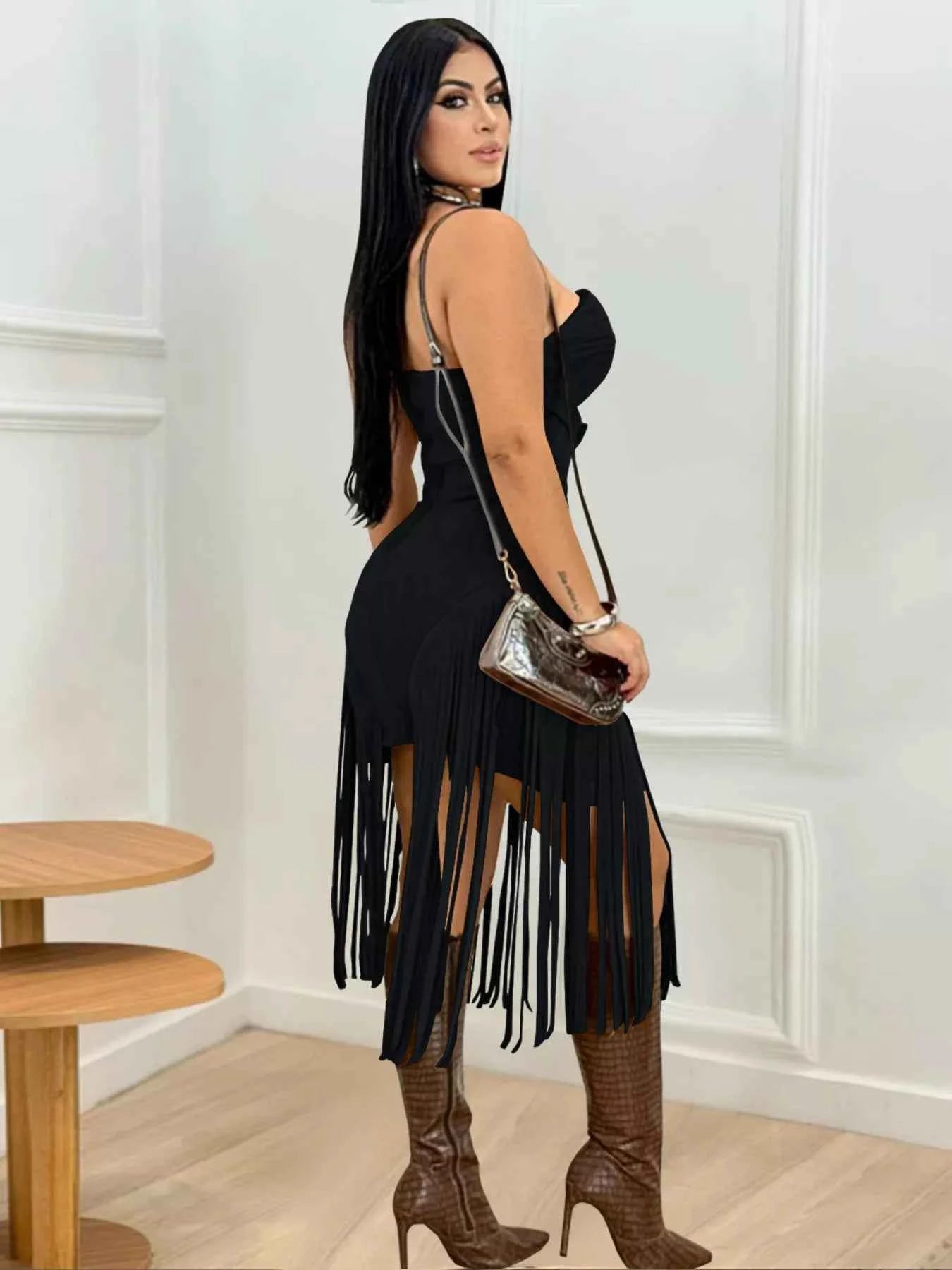 Buckle Detail Fringe Hem Bodycon Dress