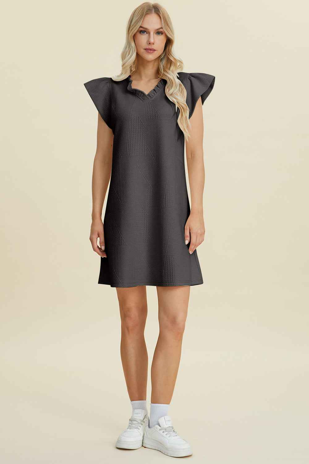 Double Take Full Size Ruffled V-Neck Cap Sleeve Dress