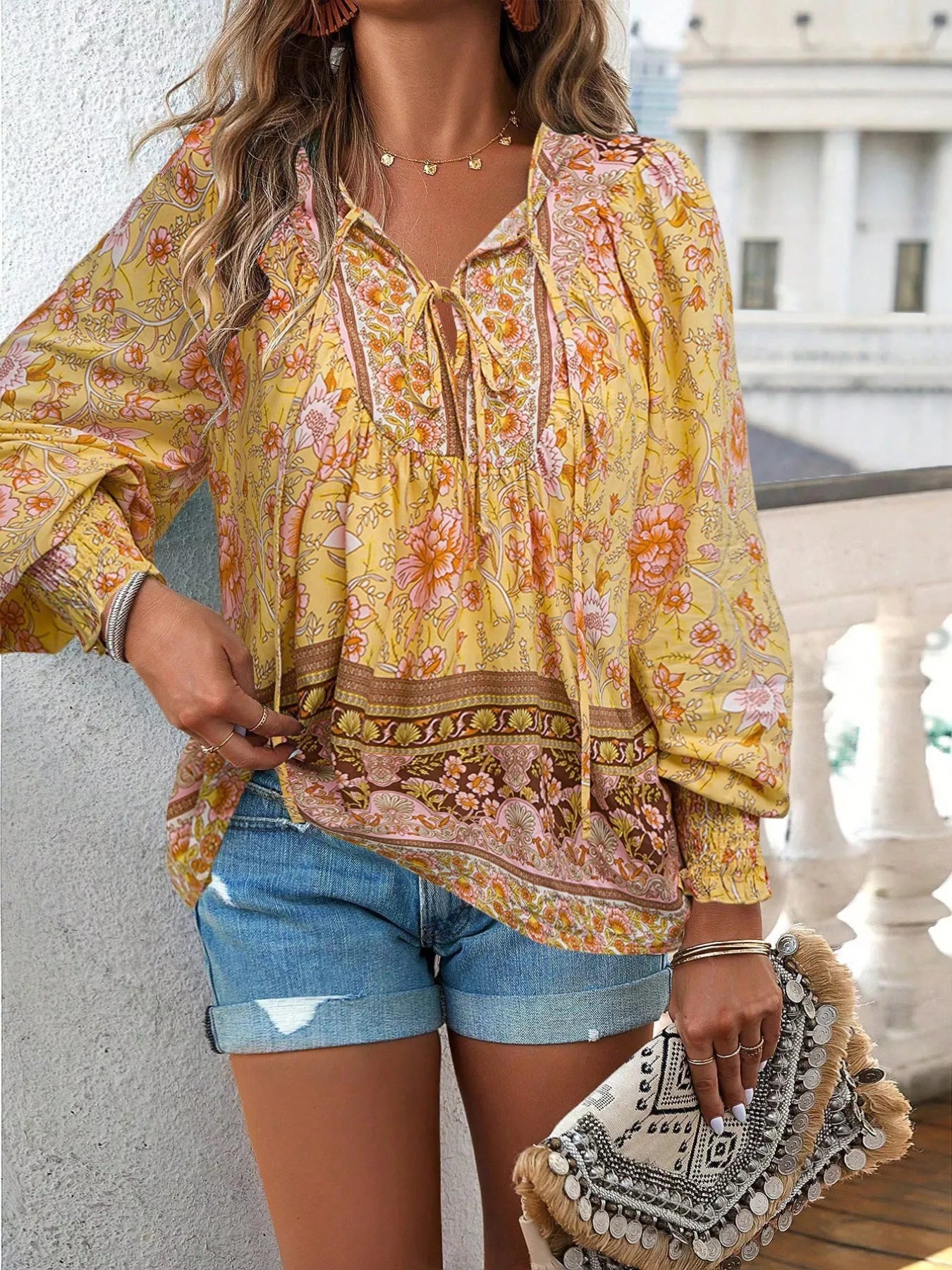 Bohemian Blouse - Floral Print Tie Neck - Fashions Envy