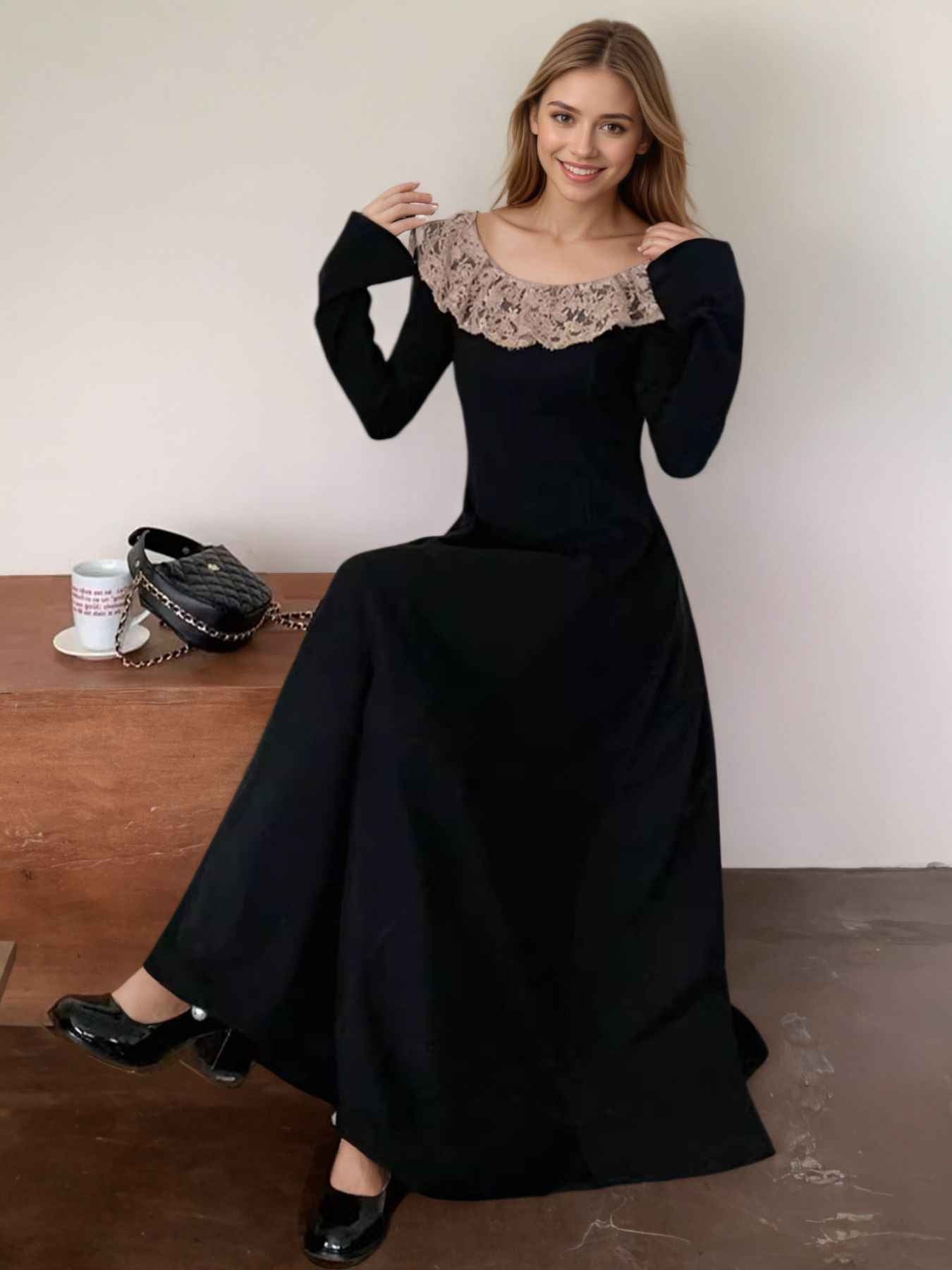 Black Maxi Dress - Lace Collar Long Sleeve Gown
