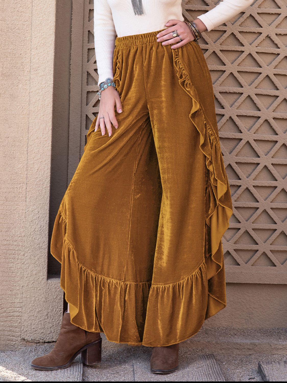Ruffled Wide Leg Pants - Slit Detail Flowy Style