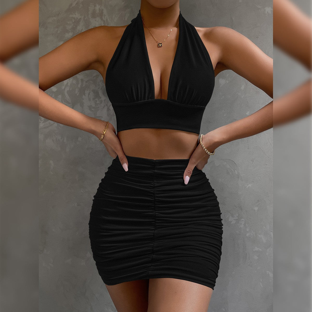 Halter Top & Pleated Skirt Set - Lace-Up Hip Covering Outfit