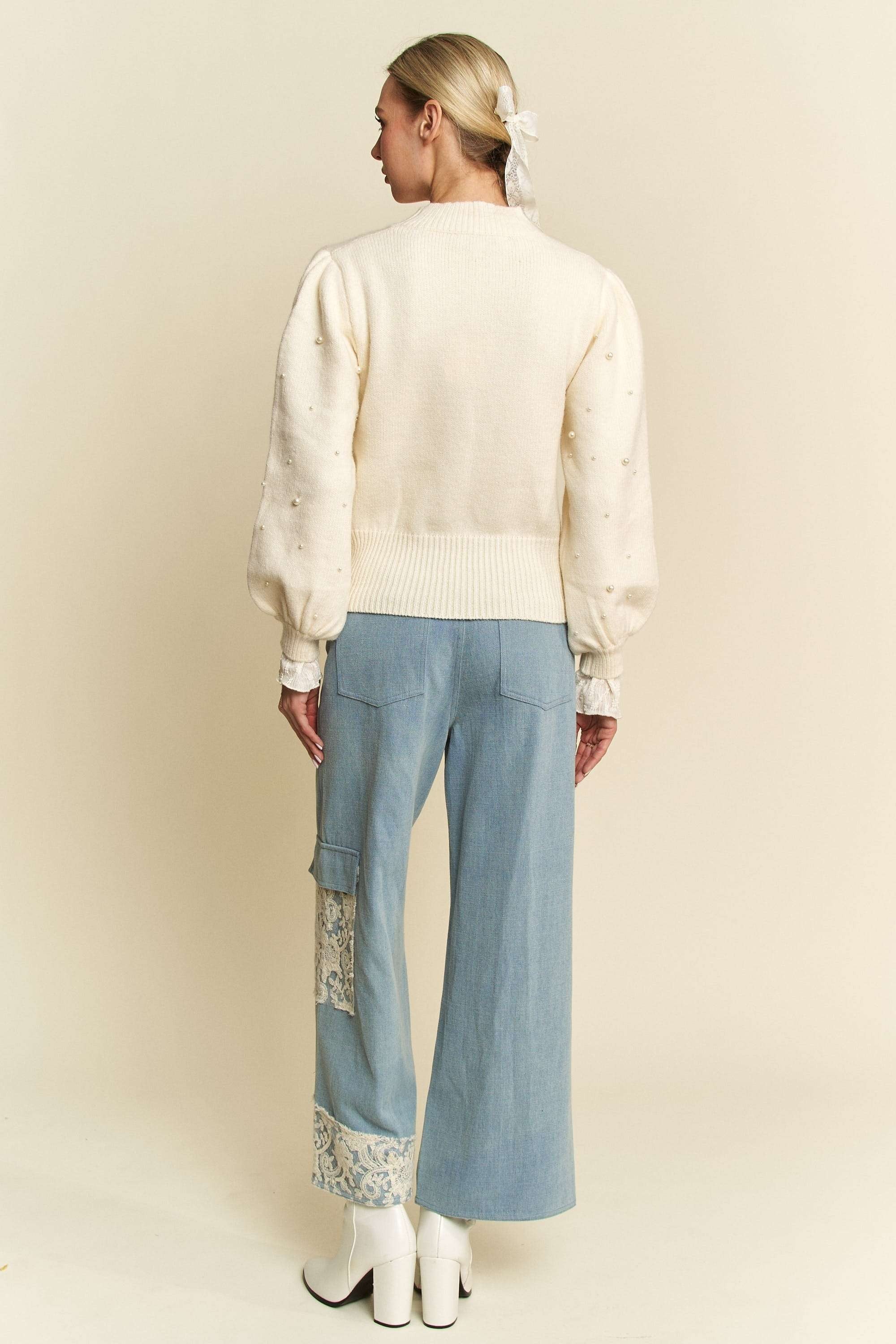 Light Denim Lace Applique Wide Leg Jeans
