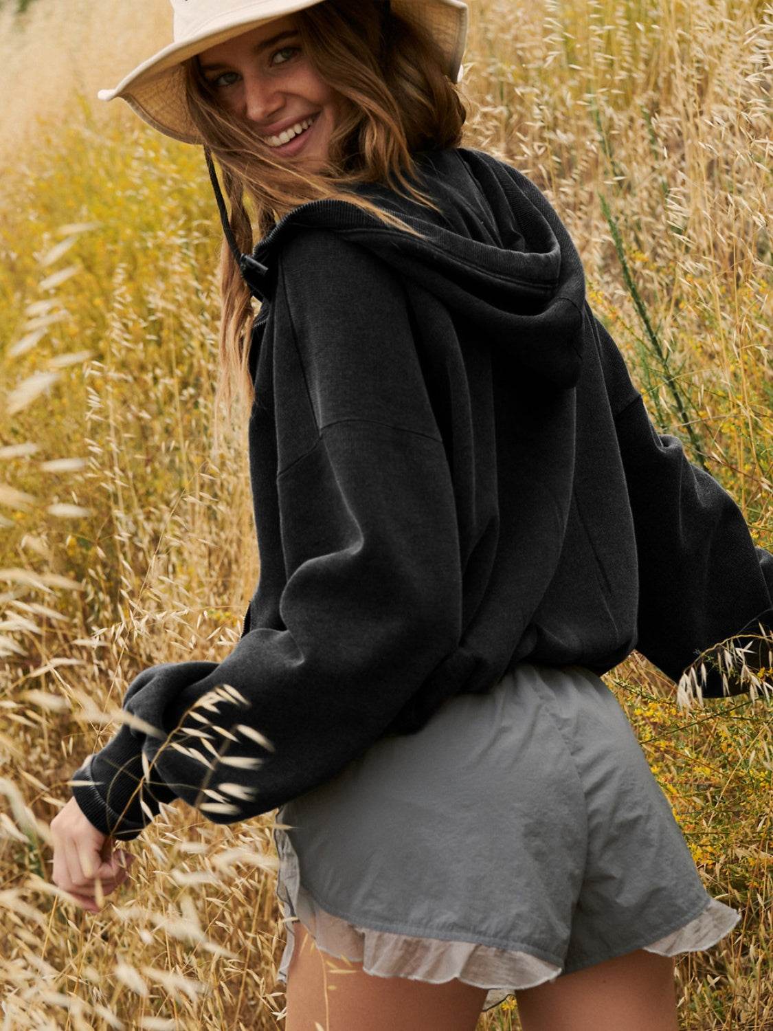 Half Zip Pocketed Dropped Shoulder Hoodie - Fashions Envy