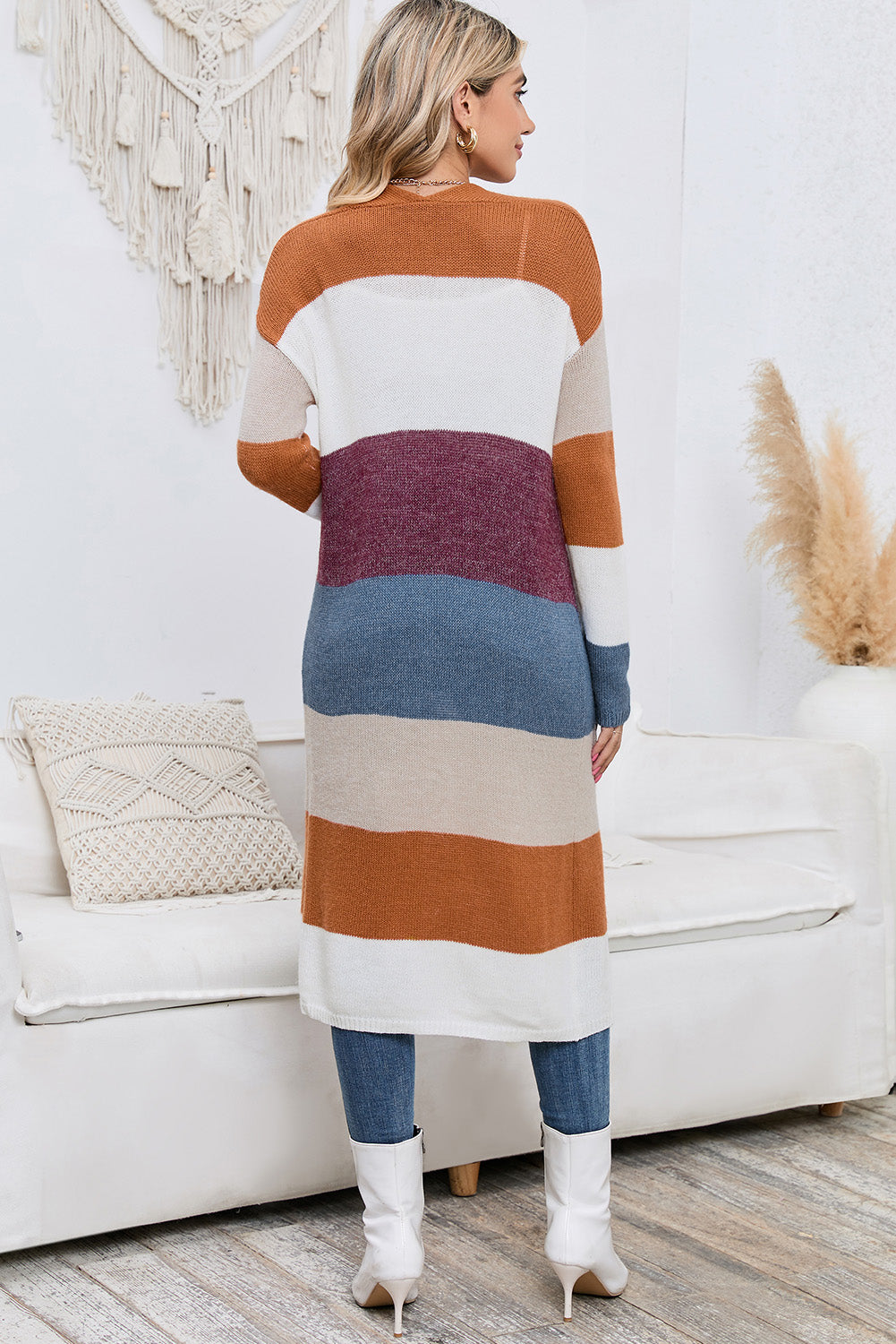 Long Color Block Cardigan - Open Front with Pockets