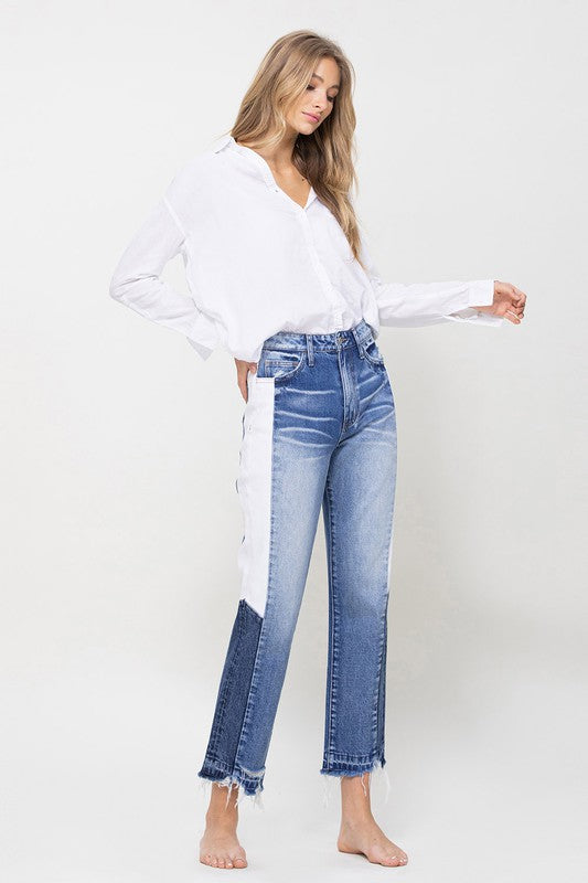 Super HIgh RIse Straight W/Side Blocking Panel Jeans