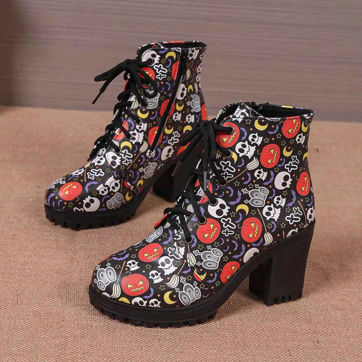 Skull Print Chunky Heel Ankle Boots