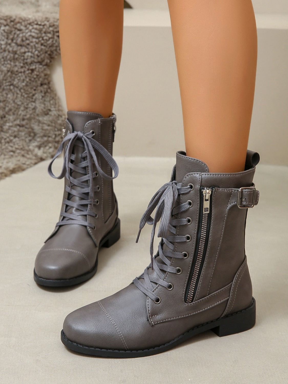 PU Leather Lace-Up Low Heel Zipper Boots
