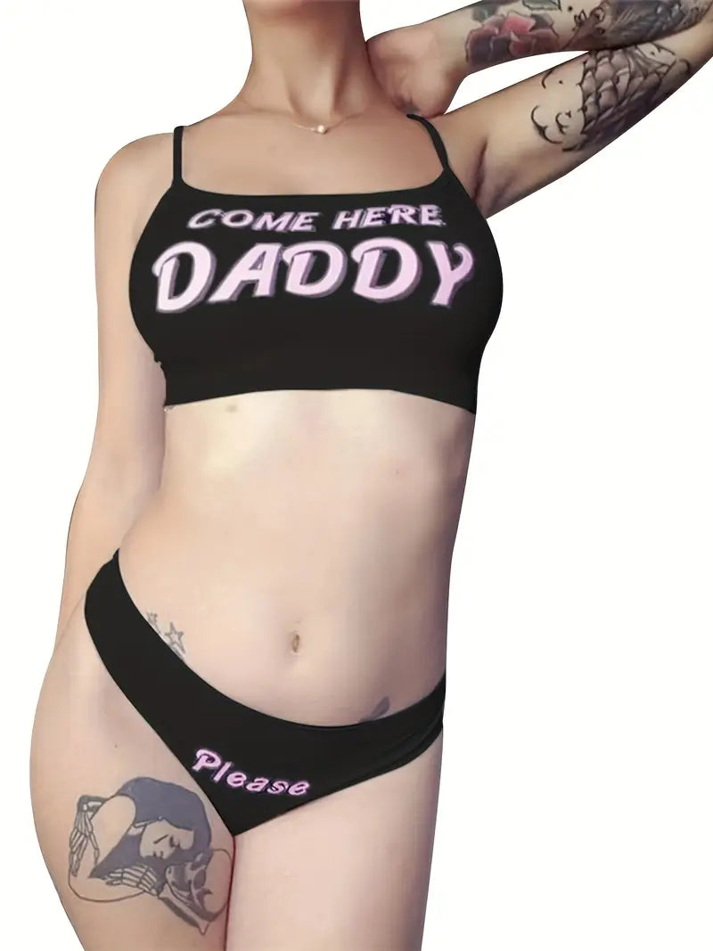 Letter Print "COME HERE DADDY" Lingerie Set - Sexy Crop Top & Panties