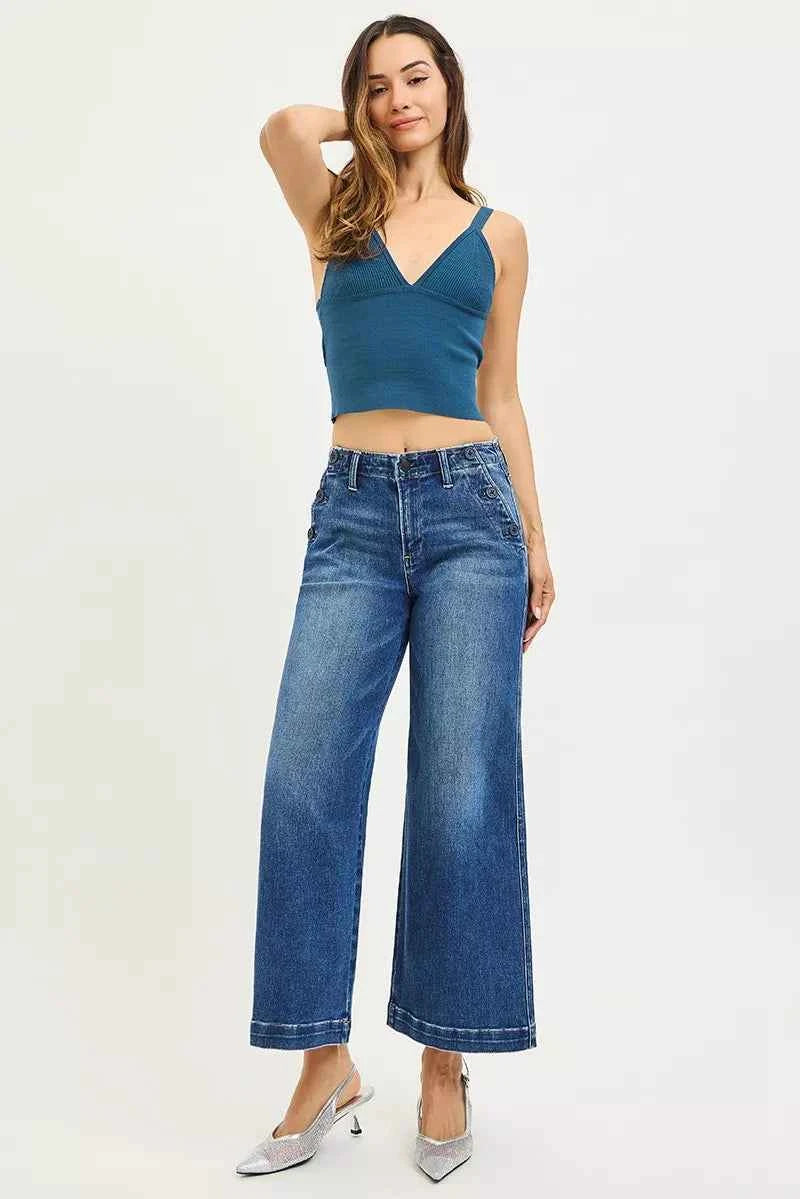 RISEN High Rise Wide Leg Jeans - Dark Wash Button Detail