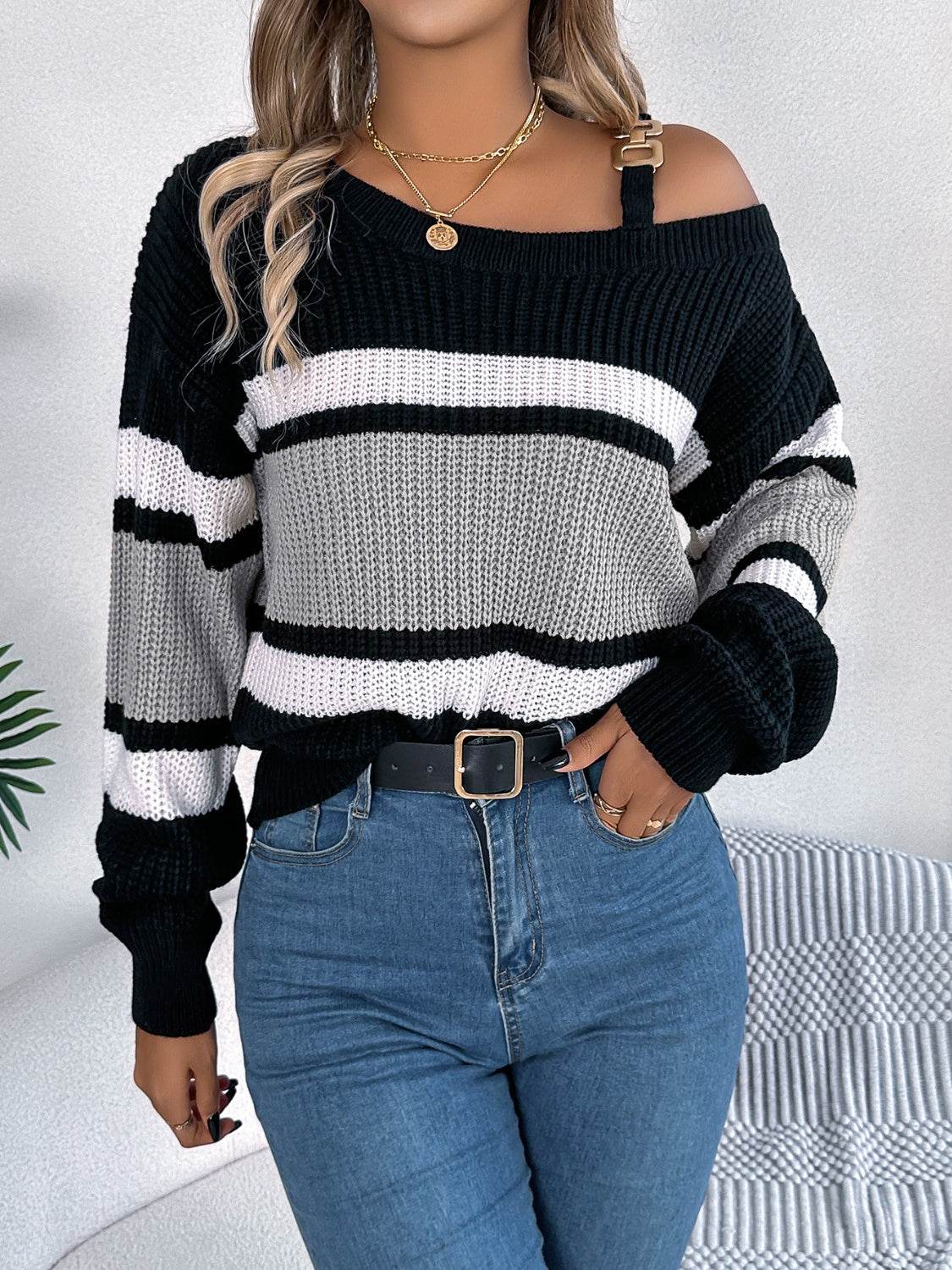 Color Block Asymmetrical Neck Long Sleeve Sweater - Fashions Envy