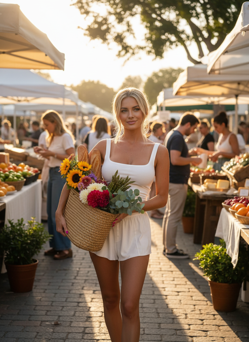 Farmers market scene with white ribbed tank and shorts set