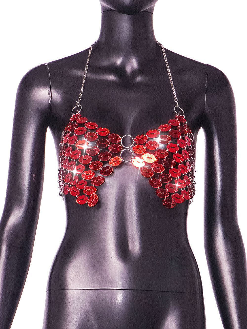 Trendsi red sequin embellished Chain Halter Bra Top with silver chain straps on black mannequin