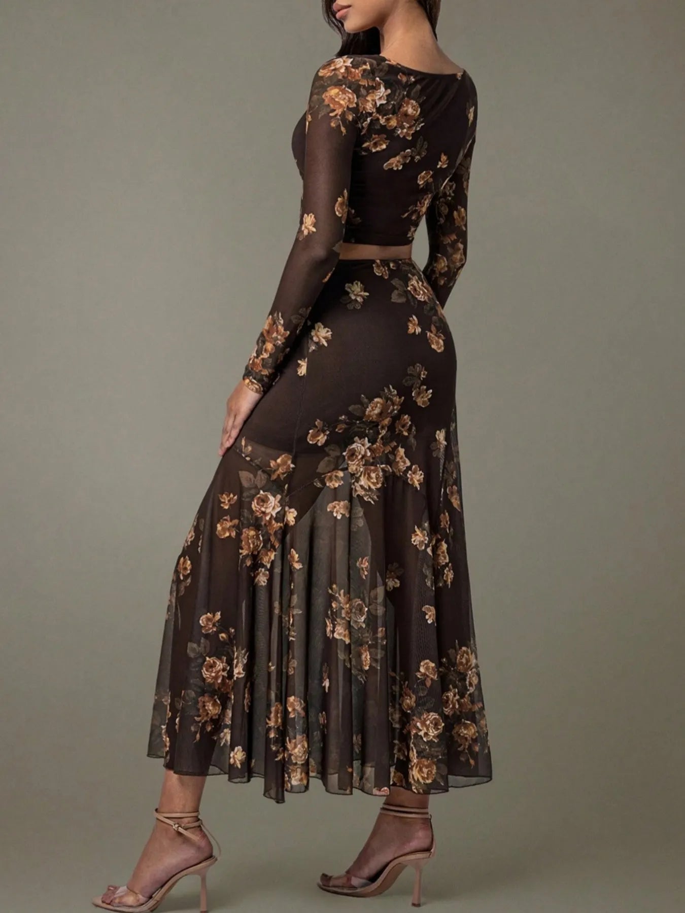 Trendsi Floral Skirt Matching Set in Brown with Long Sleeves and Flowing Skirt for Elegant Occasions