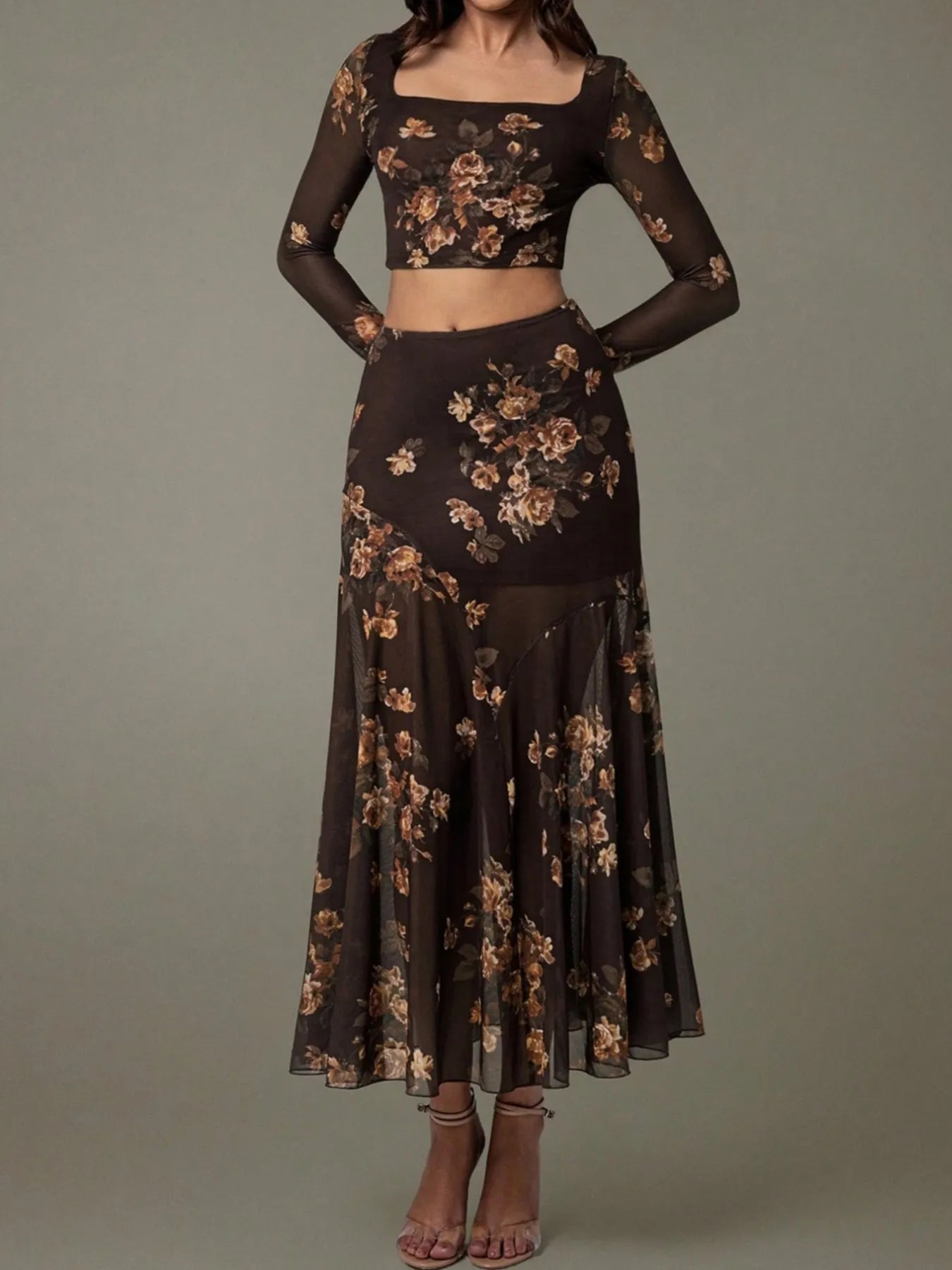 Trendsi Floral Skirt Matching Set with Long Sleeves and Flowing Skirt, Perfect for Spring Events