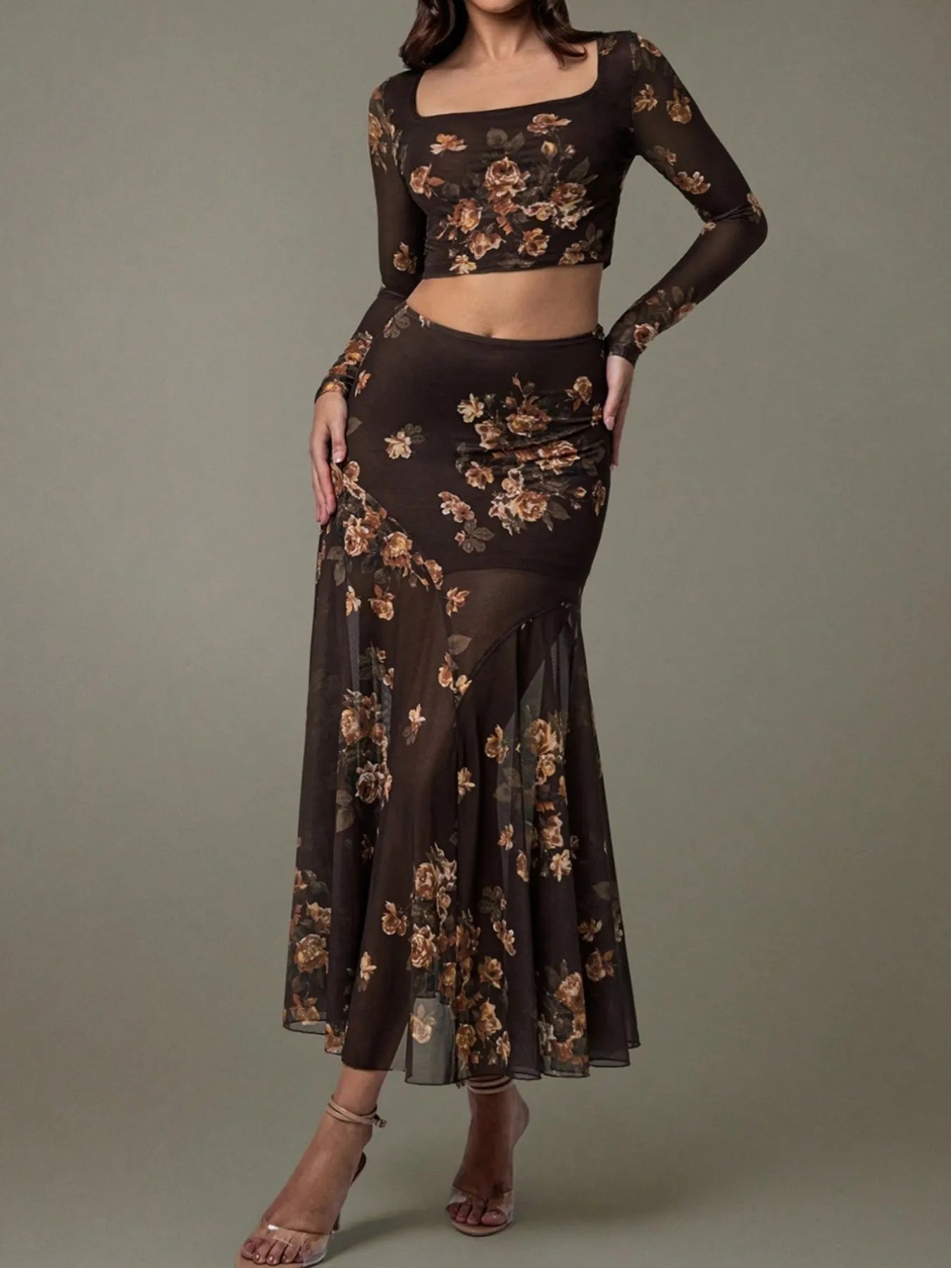 Trendsi Floral Skirt Matching Set in Brown with Sheer Long Sleeve Crop Top and Flowy Skirt