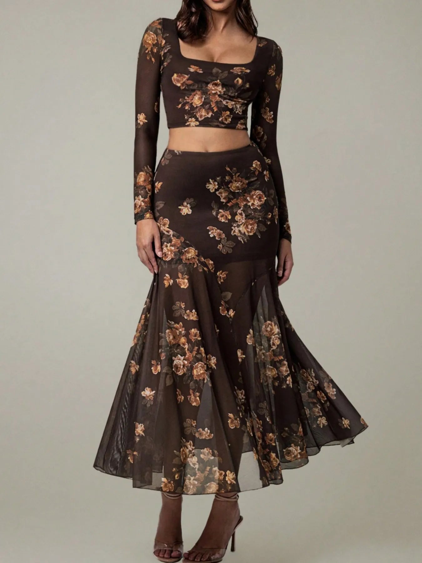 Trendsi Floral Long Sleeve Crop Top with Sheer Skirt Matching Set for Elegant Outfits