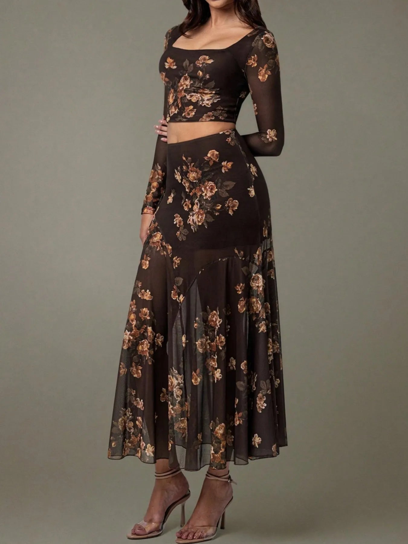 Elegant floral Skirt Matching Set with sheer fabric and long sleeves for stylish outfits