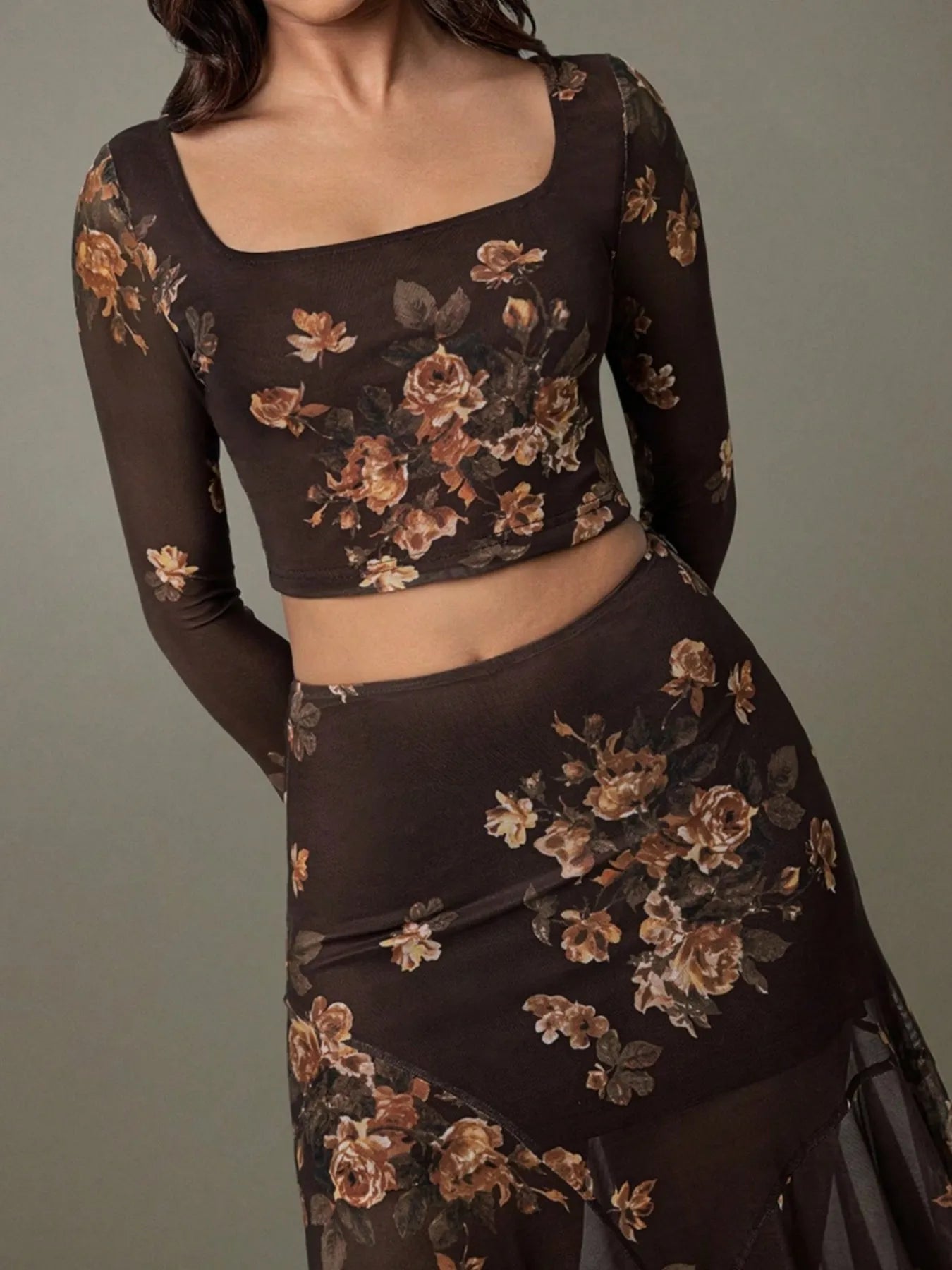 Trendsi Floral Skirt Matching Set with Long Sleeves and Cropped Top for a Stylish Look
