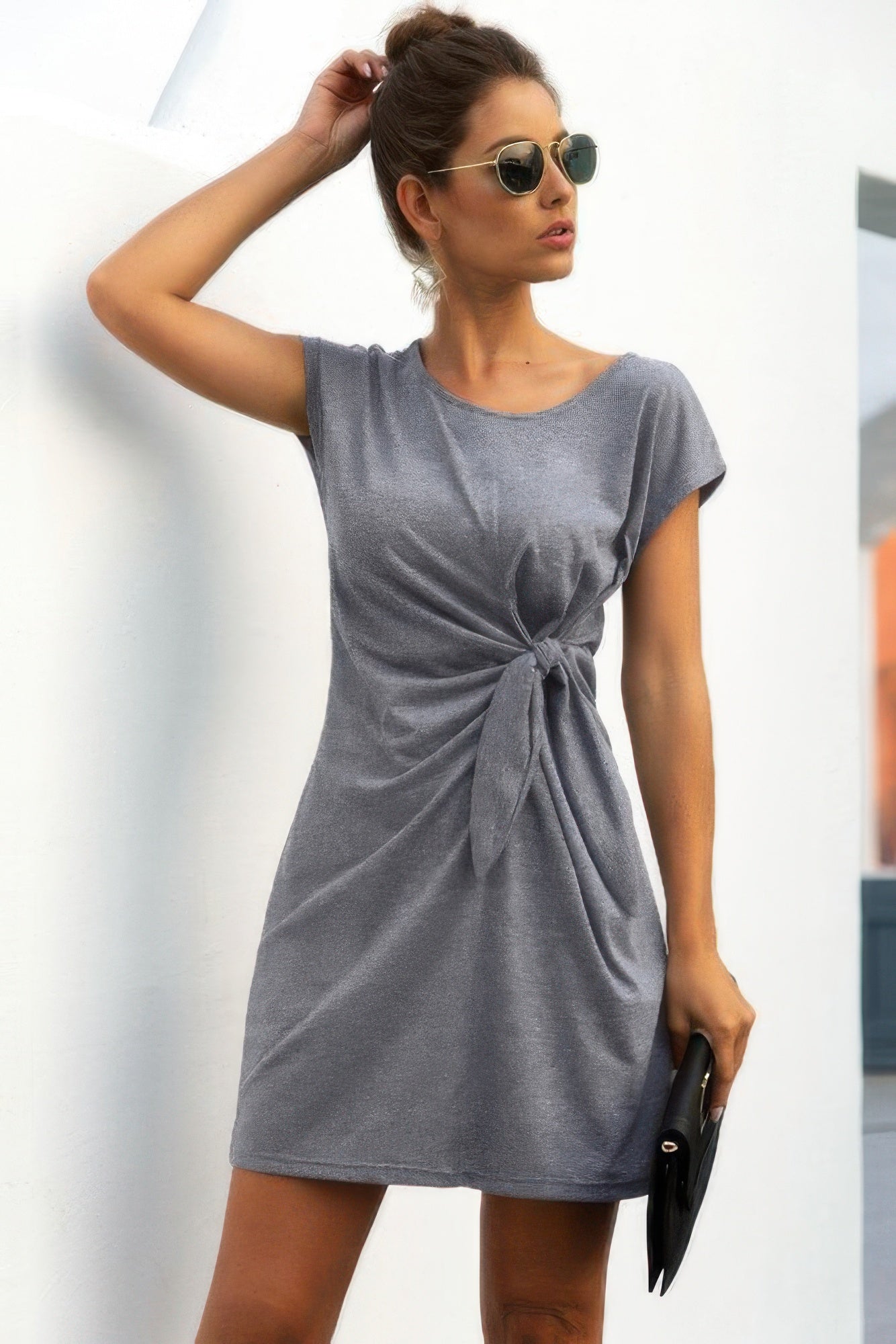 CCWHOLESALECLOTHING gray casual short sleeve twist knot front dress with side tie detail and clutch