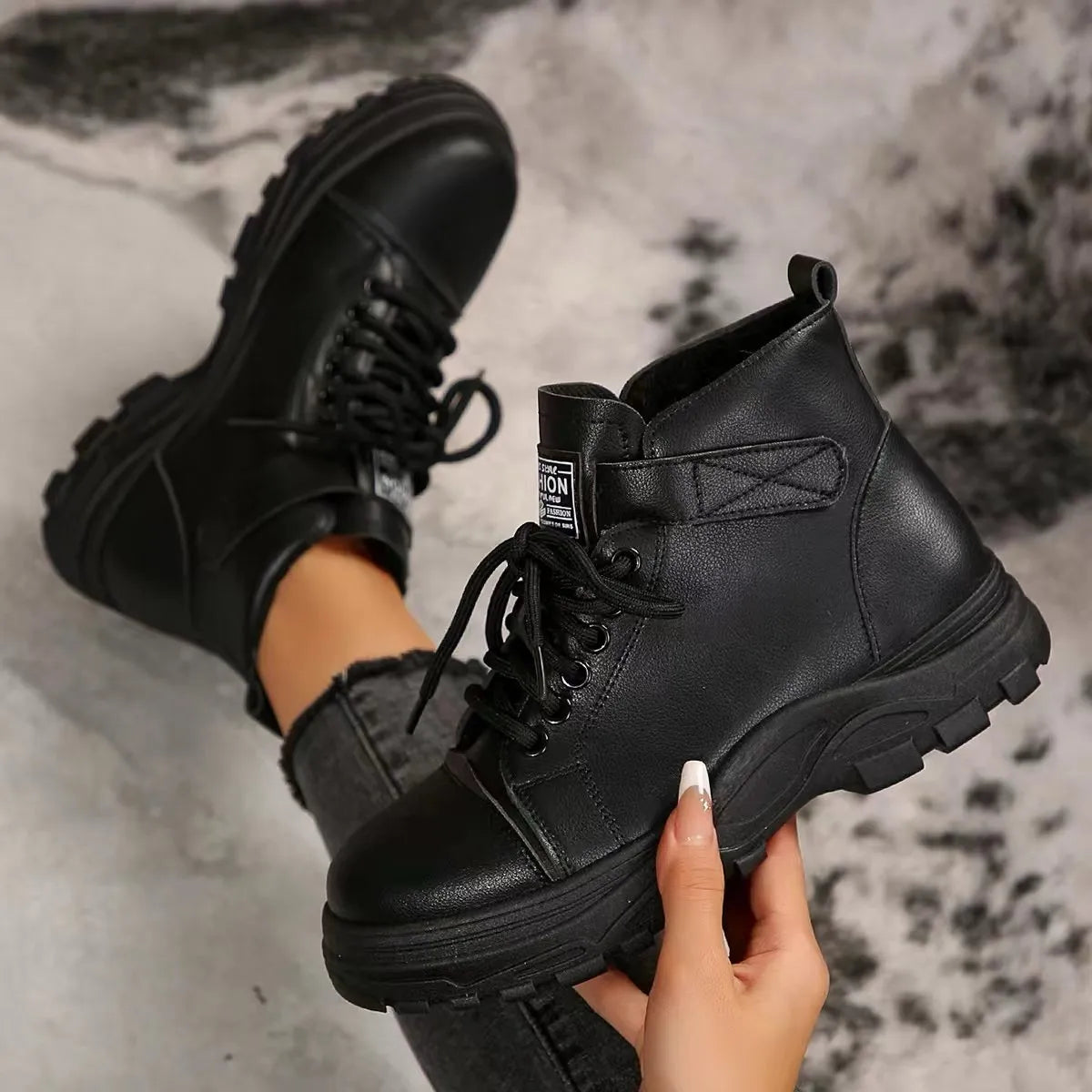 Trendsi black women's lace up platform boots ankle combat style with chunky lug sole and stitched panels