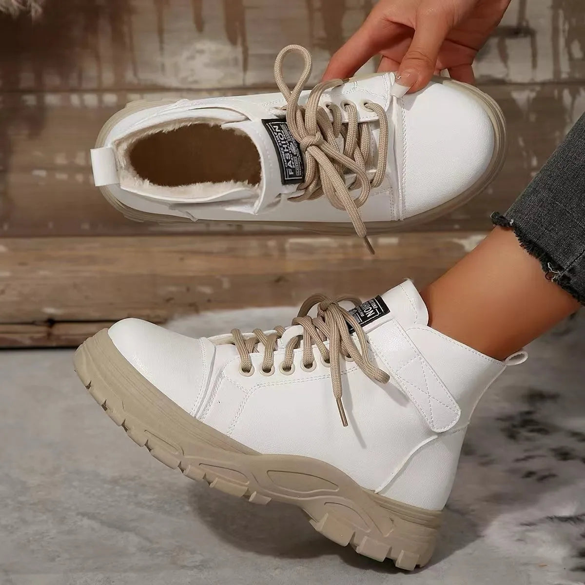 Trendsi women's lace up platform boots white faux leather ankle boot with chunky beige treaded sole