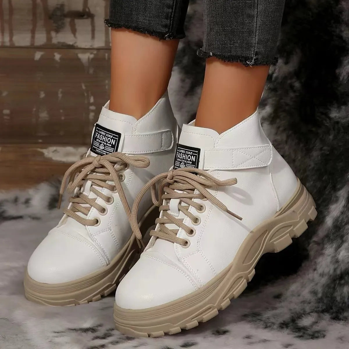 Trendsi women's lace up platform boots in white with beige chunky sole ankle height and lace closure