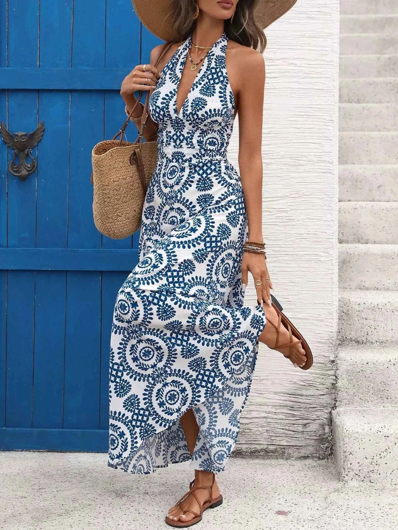 Floral Halter Maxi Dress - Tie Neck Blue Print
