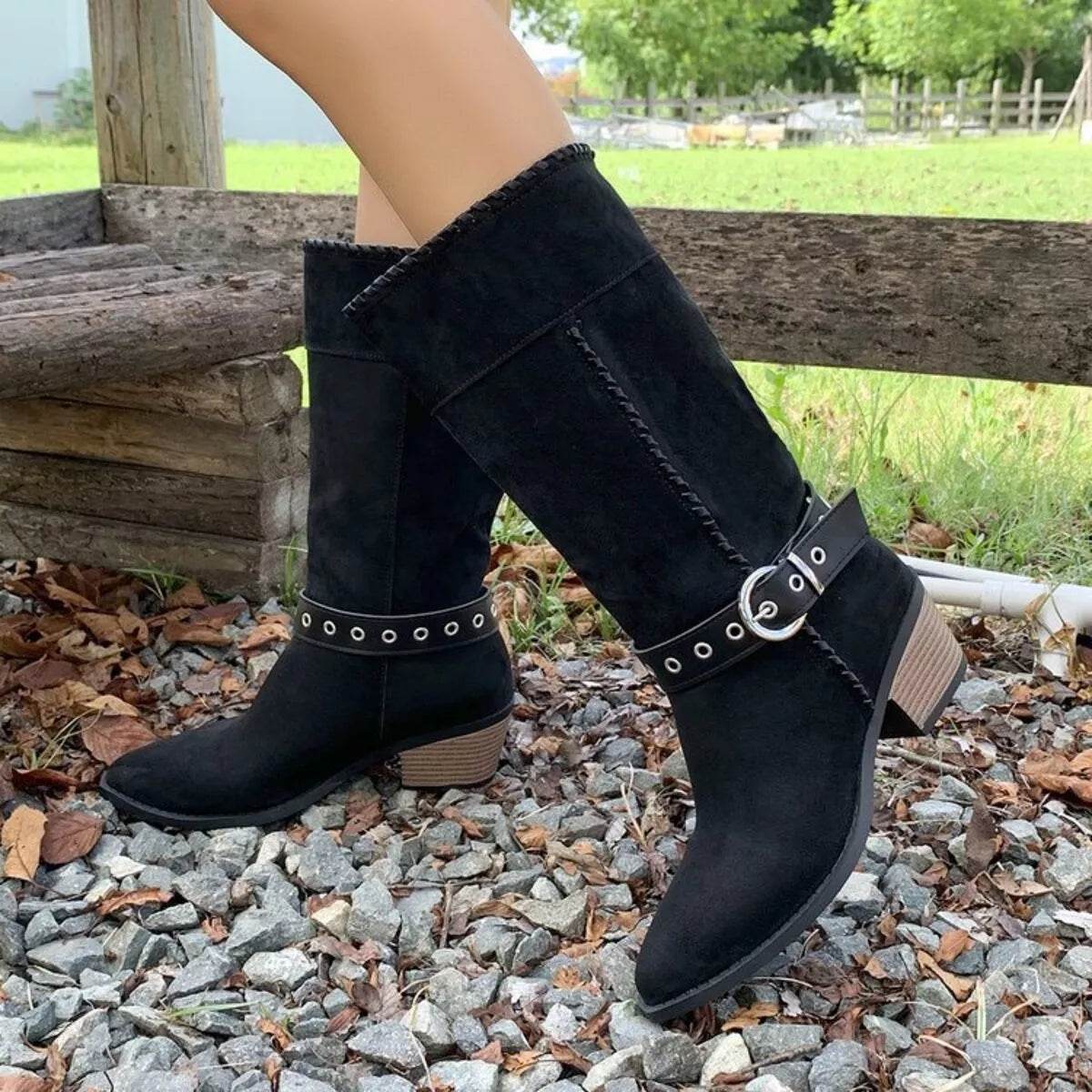 Point Toe Block Heels Boots - Mid Heel Ankle Boots - Fashions Envy