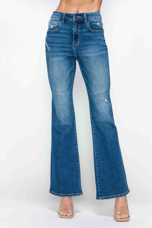 Medium Blue Full Size High Rise Bootcut Jeans with Pockets