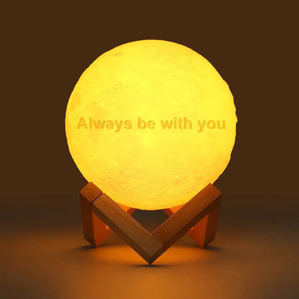 Custom 3D printed moon lamp with 'always be with you' text, a perfect family Christmas gift.