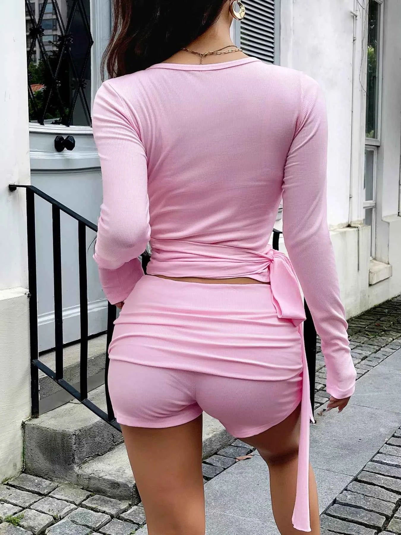 Long Sleeve Wrap Top and Shorts Set