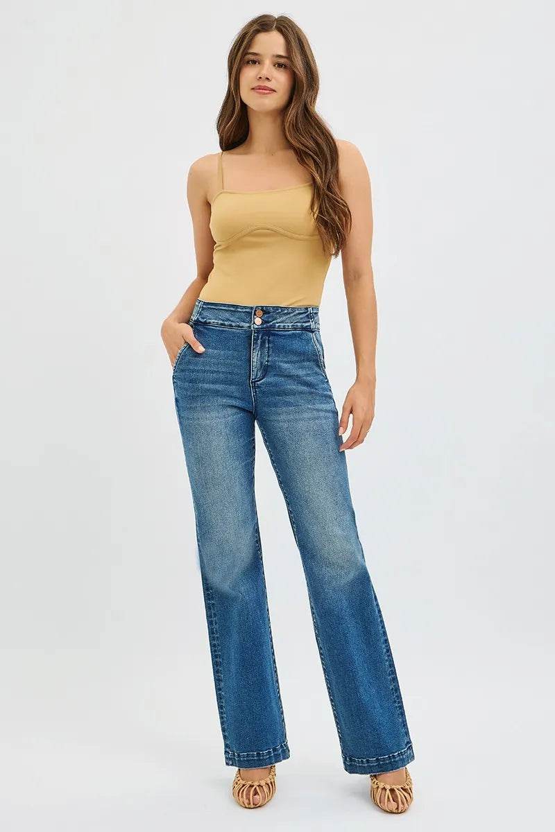 RISEN Full Size Tummy Control High Rise Bootcut Jeans with Double Button Waistband Plus Size - Fashions Envy