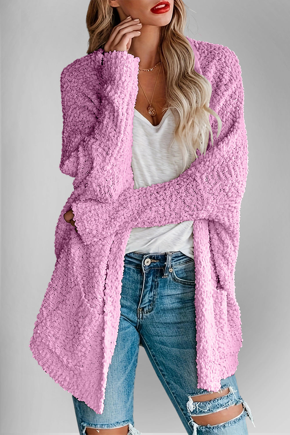 Double Take Pocketed Open Front Long Sleeve Cardigan - Fashions Envy