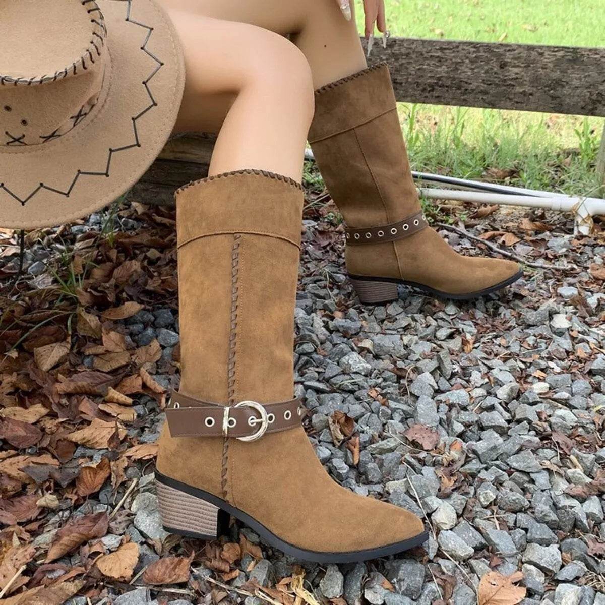 Point Toe Block Heels Boots - Mid Heel Ankle Boots - Fashions Envy