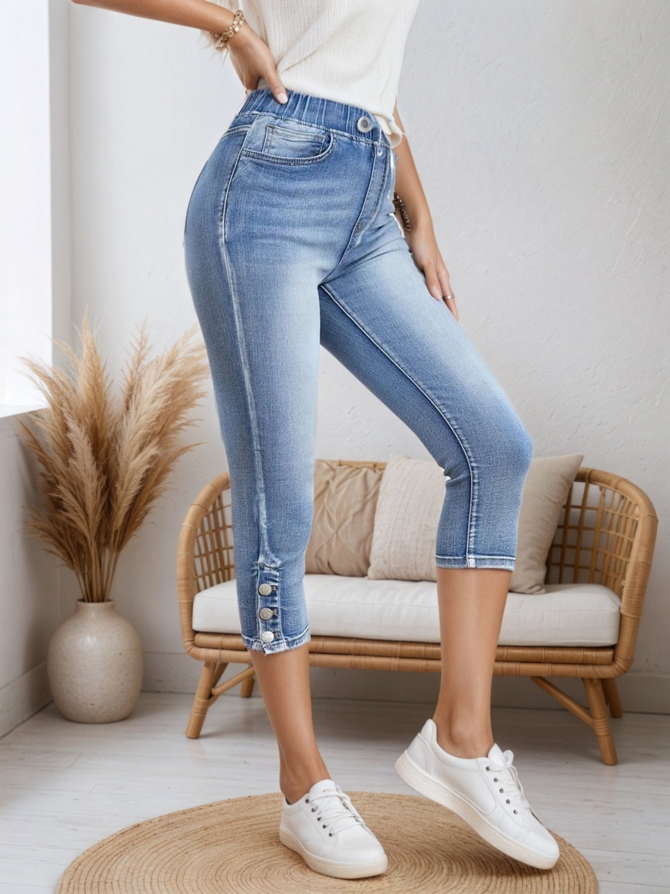 Drawstring Capri Jeans - Split Button Hem Style - Fashions Envy