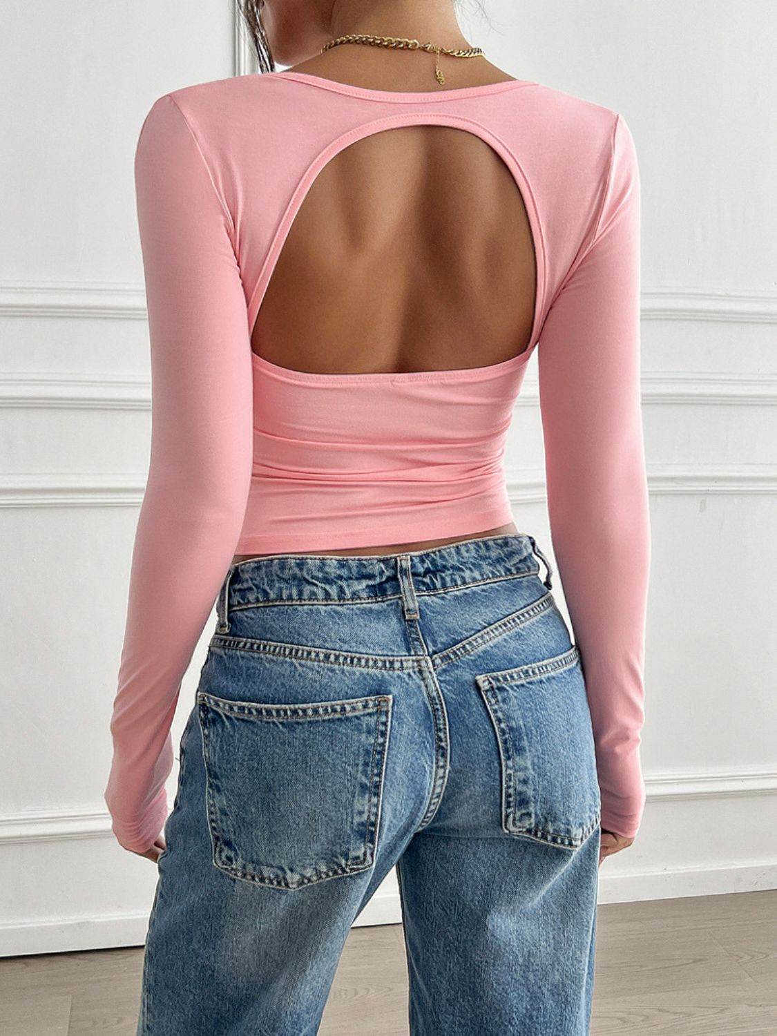 Devine Cutout Square Neck Long Sleeve T-Shirt - Fashions Envy