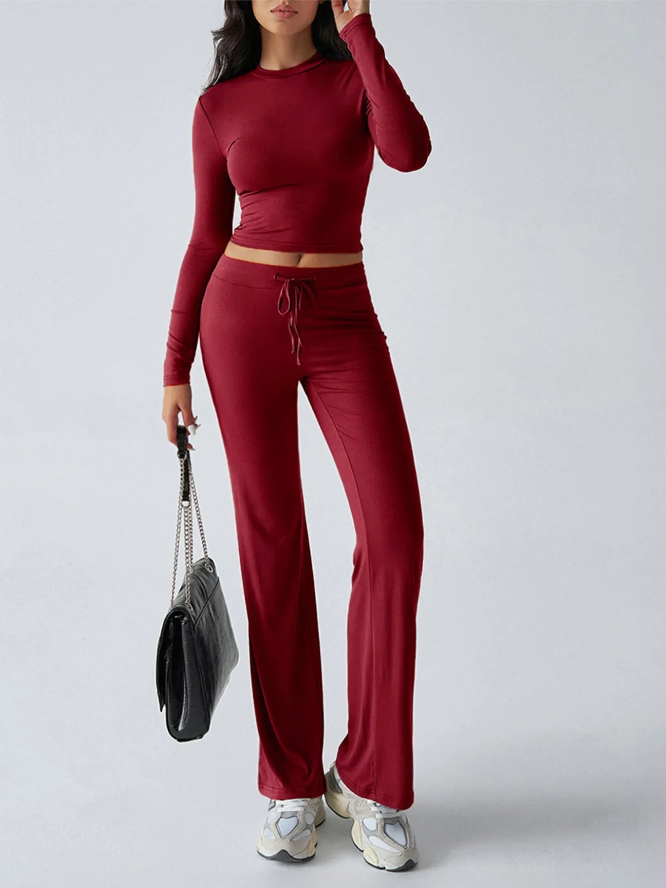 Trendsi Burgundy Top and Pant Set with Long Sleeves and Drawstring Waist for Stylish Comfort