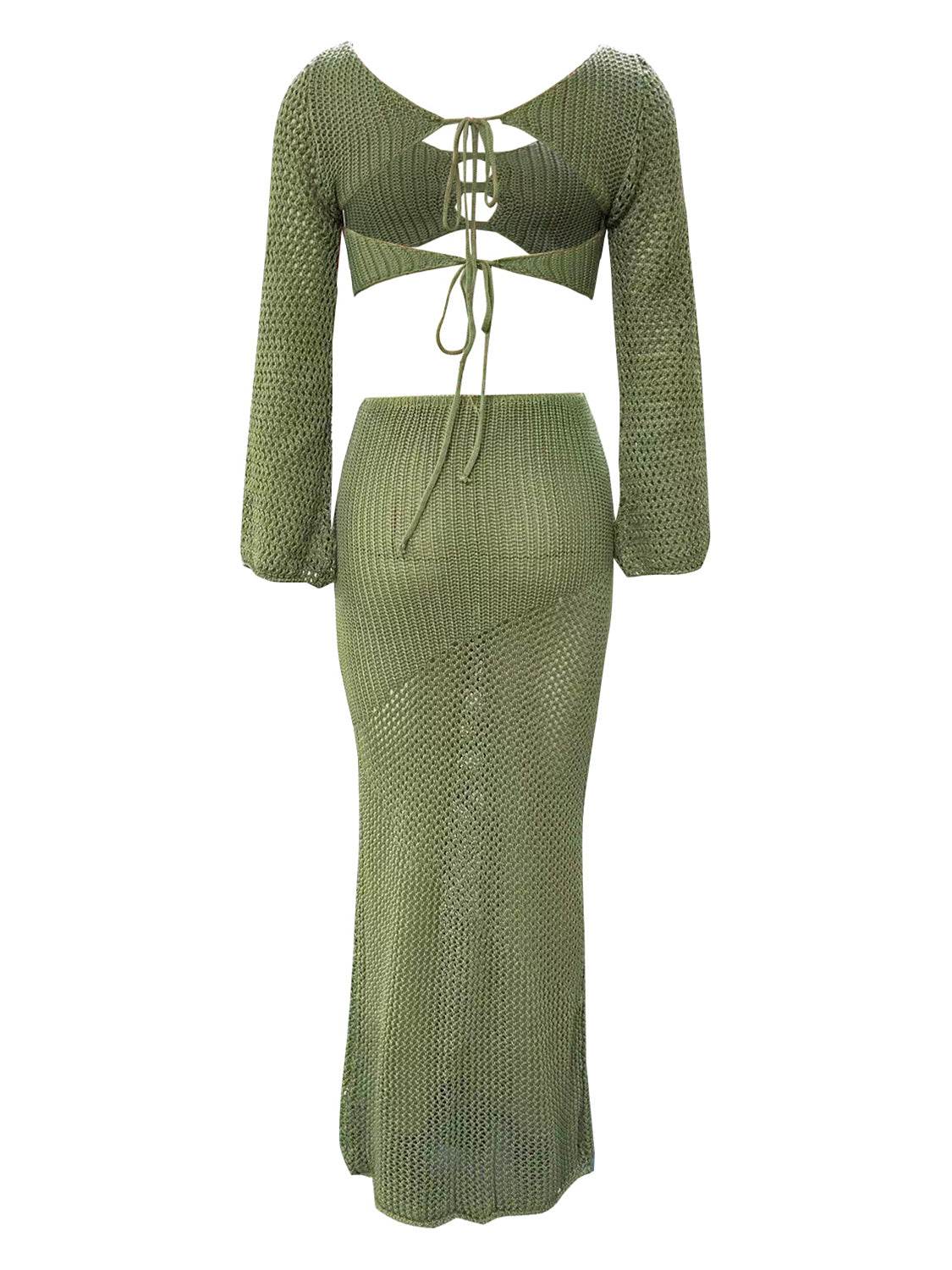 Tied Long Sleeve Top and Skirt Cover Up Set - Fashions Envy