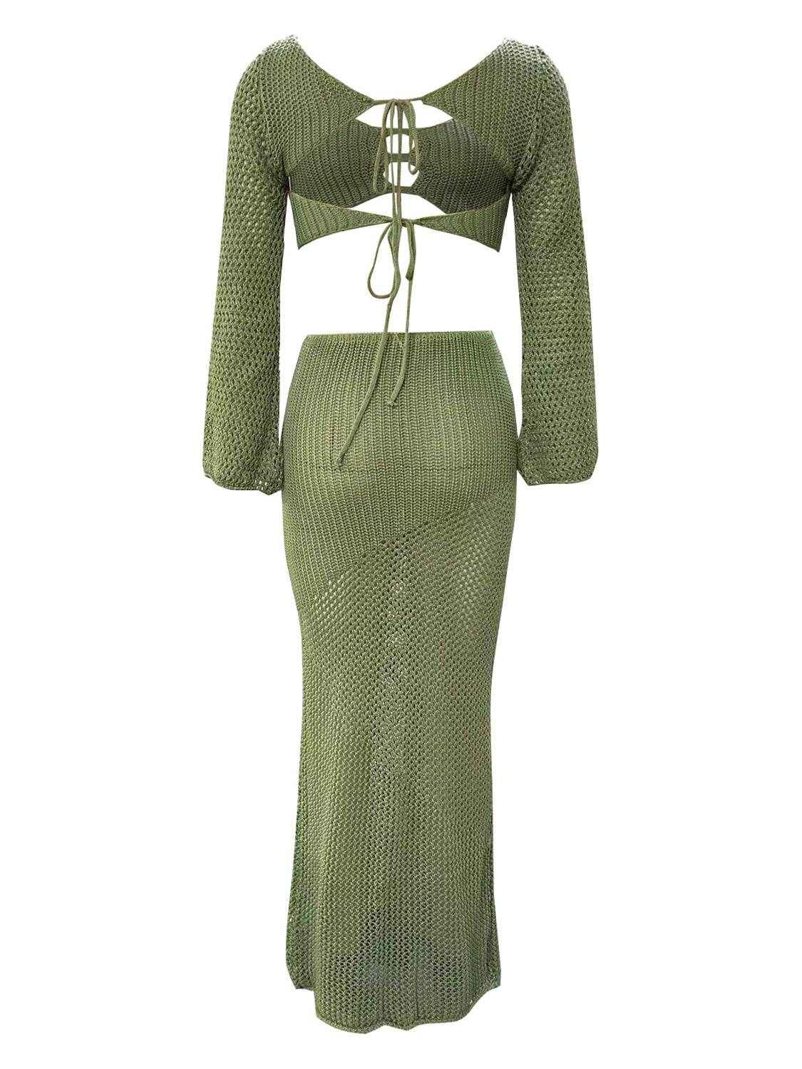 Tied Long Sleeve Top and Skirt Cover Up Set