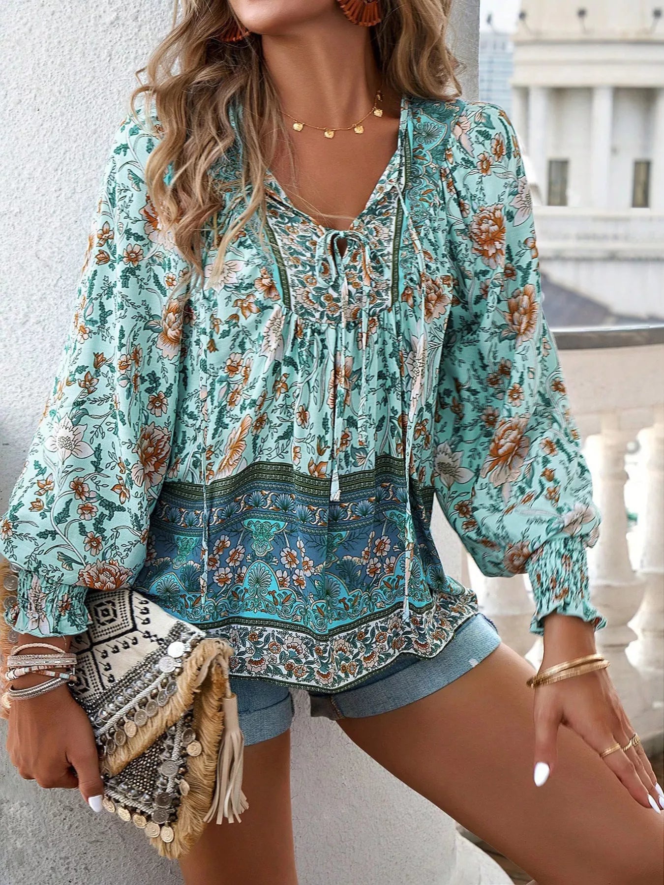 Bohemian Blouse - Floral Print Tie Neck - Fashions Envy