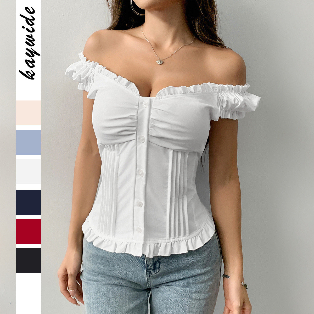 Off-Shoulder Ruffle Top - Button-Front Pleated Blouse