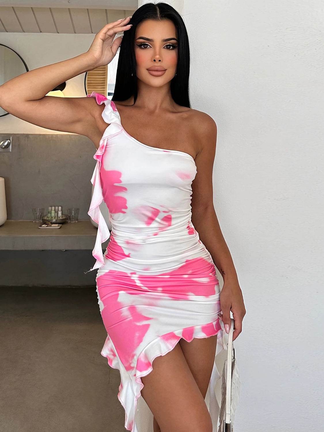 Ruffled Tie-Dye Single Shoulder Mini Dress - Fashions Envy