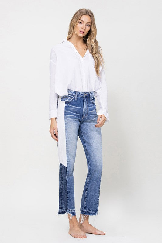 Super HIgh RIse Straight W/Side Blocking Panel Jeans
