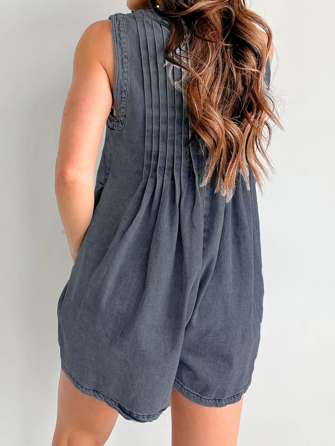 V-neck Pleated Tied Romper with Pockets